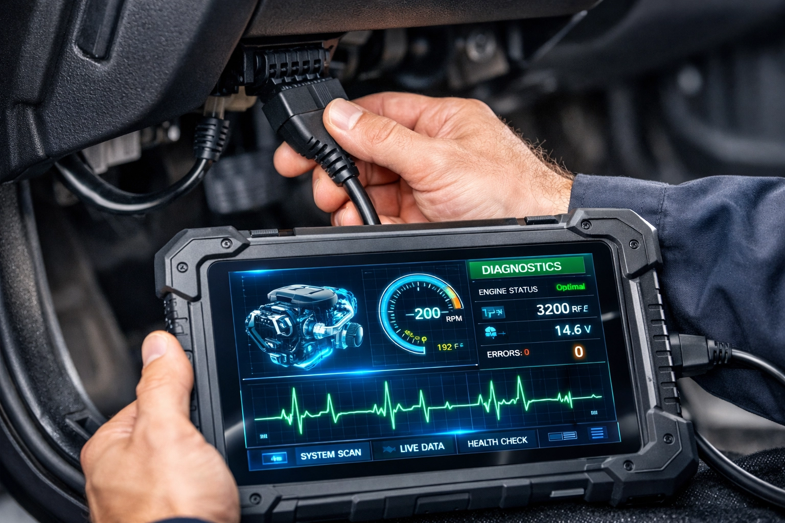 A professional mechanic performing engine diagnostics using a high-tech scanner tool.