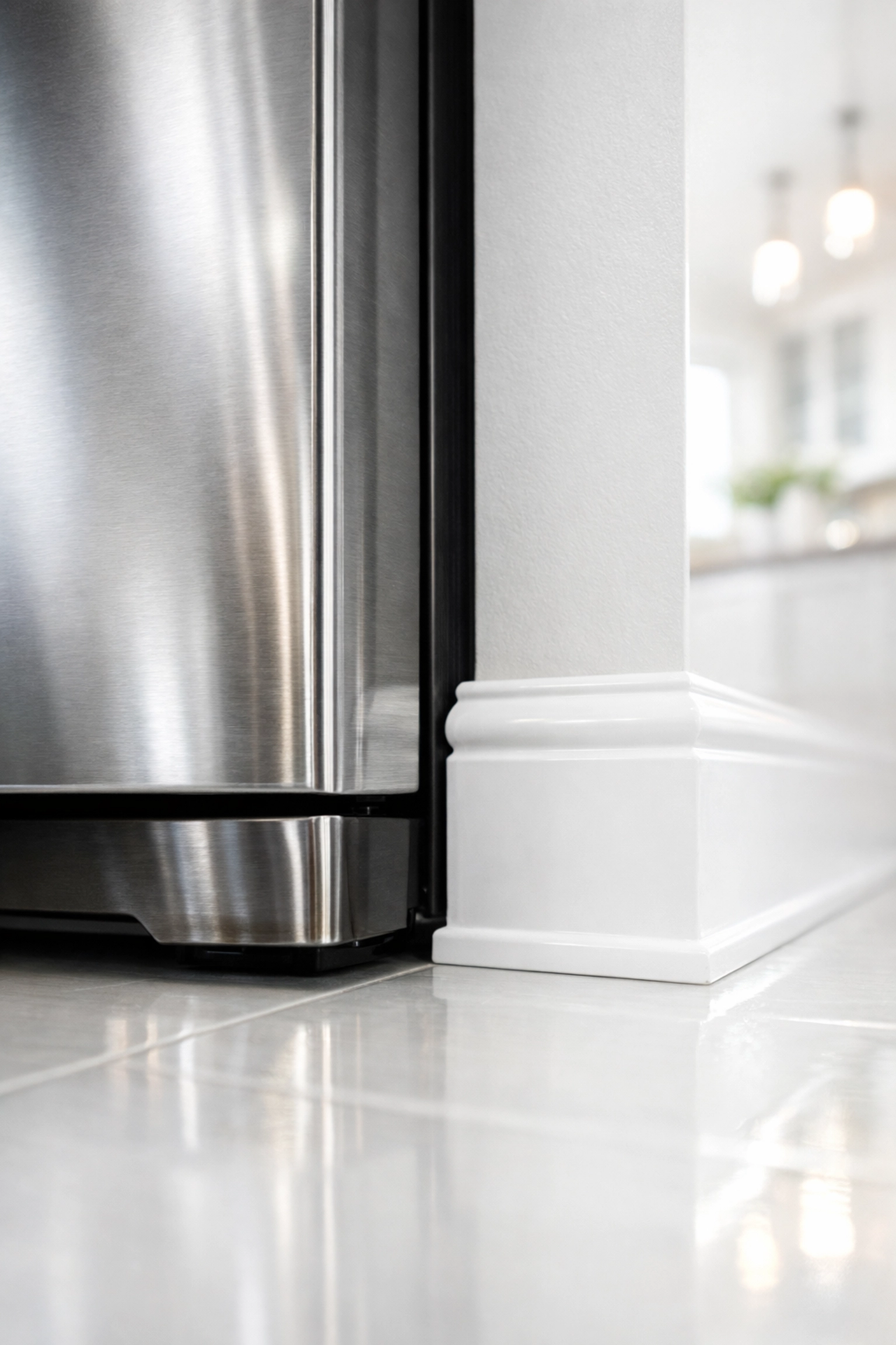 Detailed view of a deep-cleaned kitchen with spotless stainless steel appliances and white baseboards.