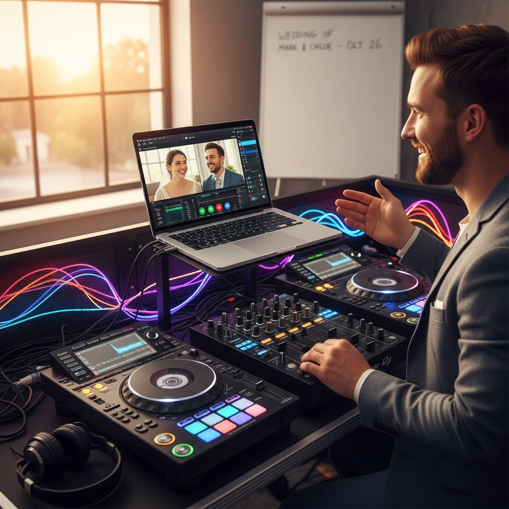 DJ at a mixing station with colorful lights, laptop showing a video call with a smiling couple. "Wedding of Mark & Chloe - Oct 26" on board.