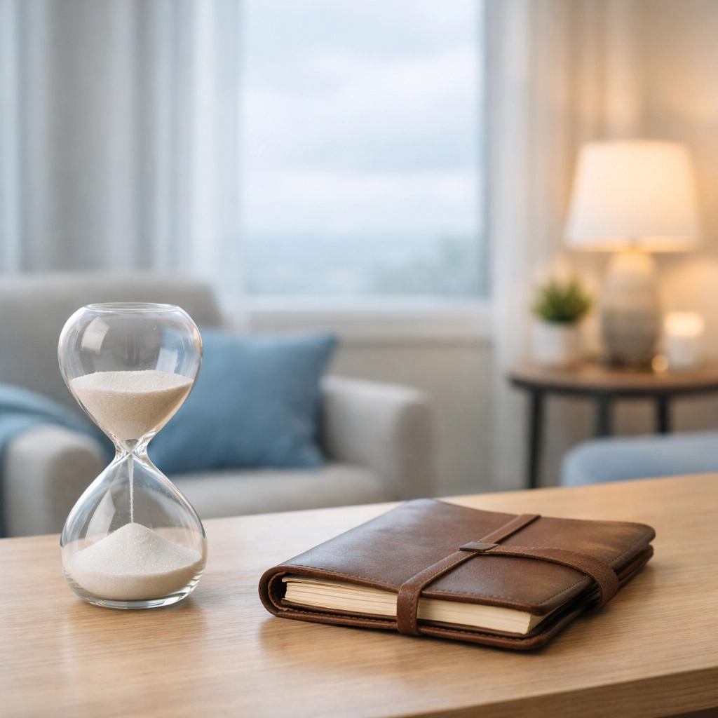 Professional therapy desk with a sand timer, representing social rhythm therapy and clinical interventions.