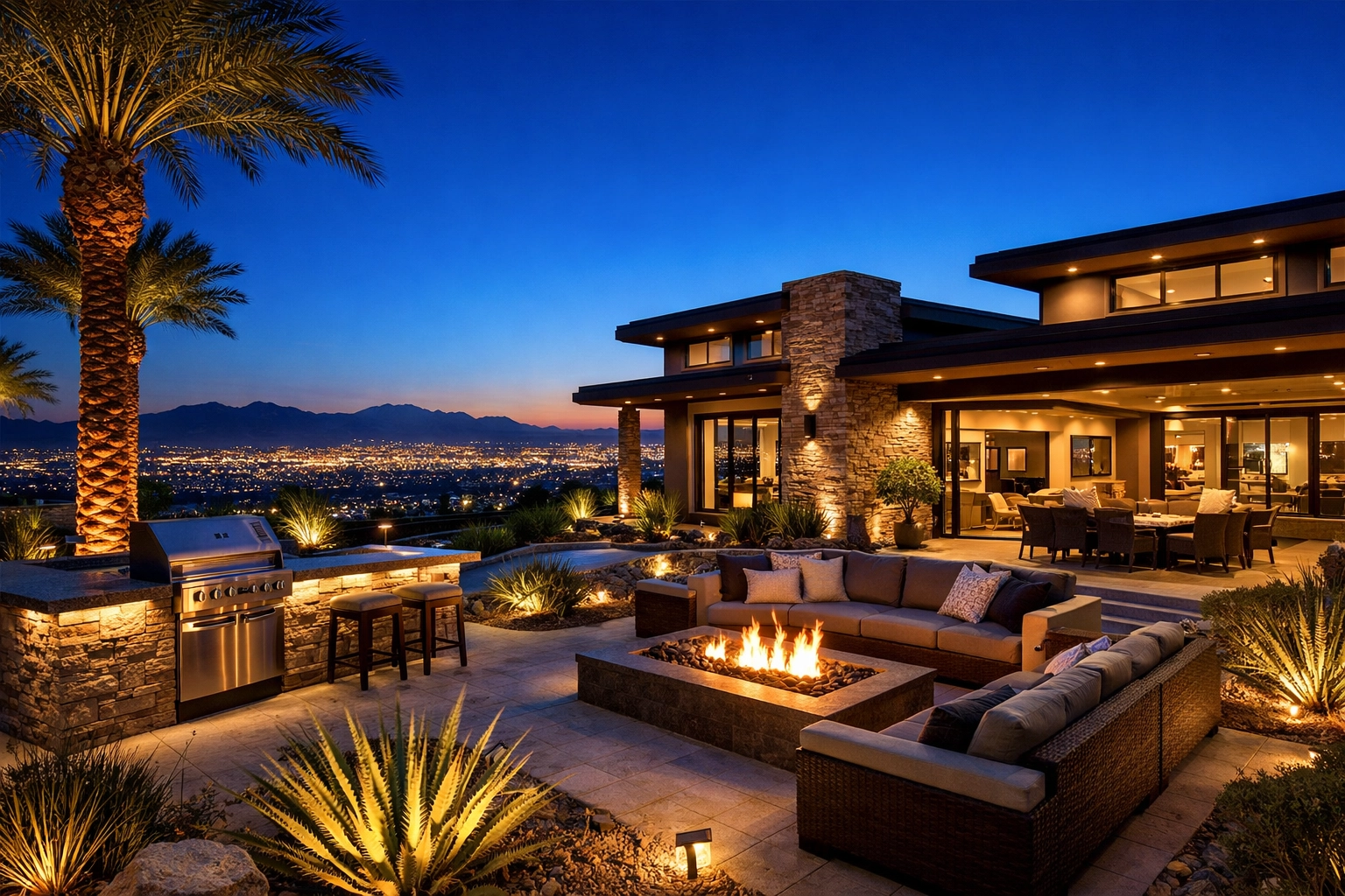 Luxury home in Southern Highlands Las Vegas with outdoor entertainment area at twilight