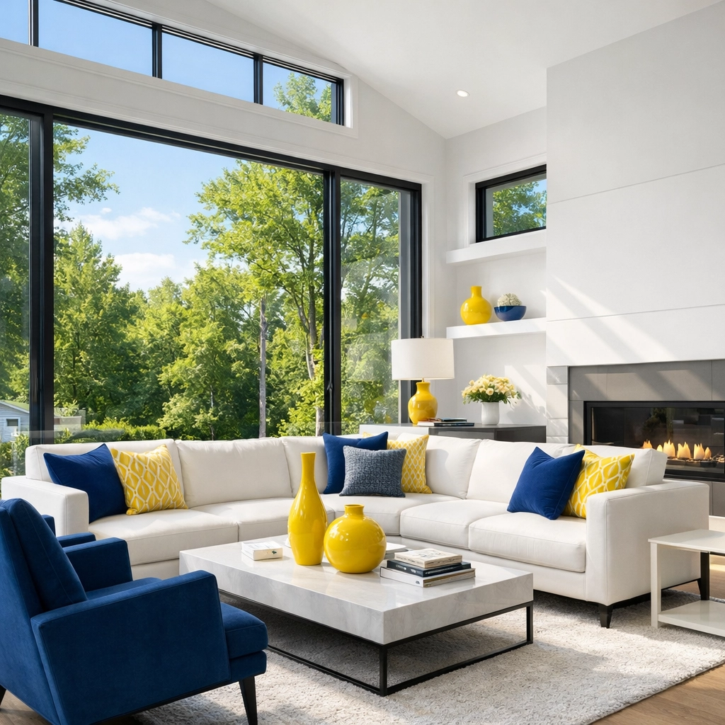 Bright, dust-free living room in Stow, MA, showing excellent indoor air quality.