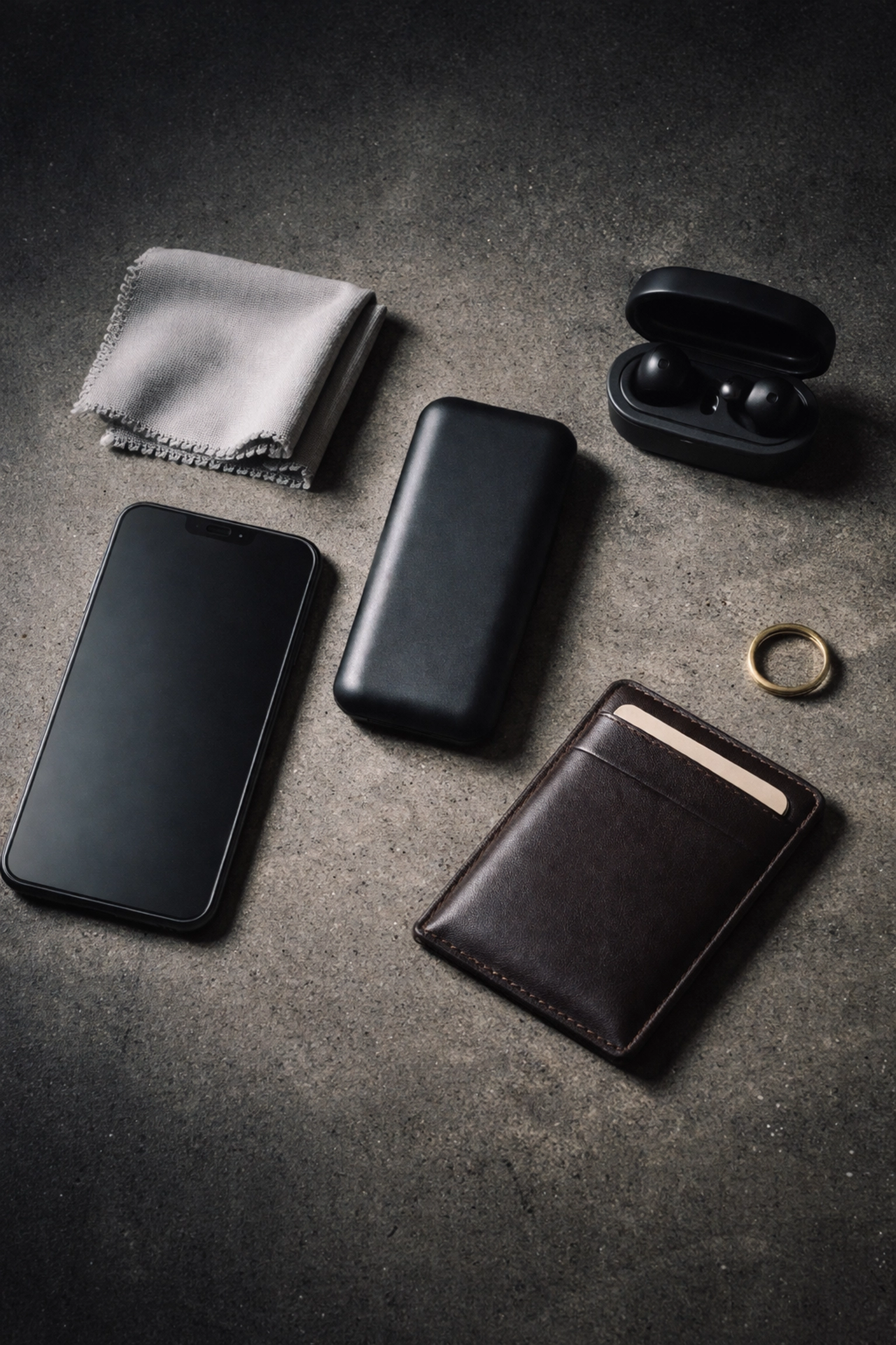 Flat lay of iPhone, power bank, earbuds, and essentials for NYC Fashion Week tech readiness.