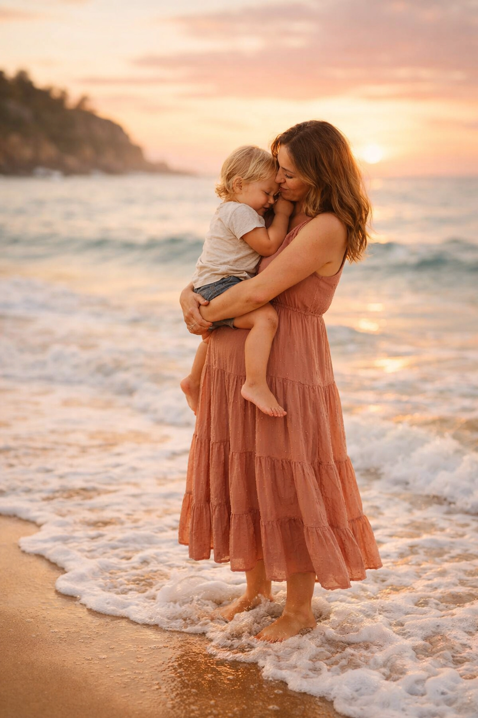 Family beach photography at sunset in the Northern Beaches with a mother and toddler.