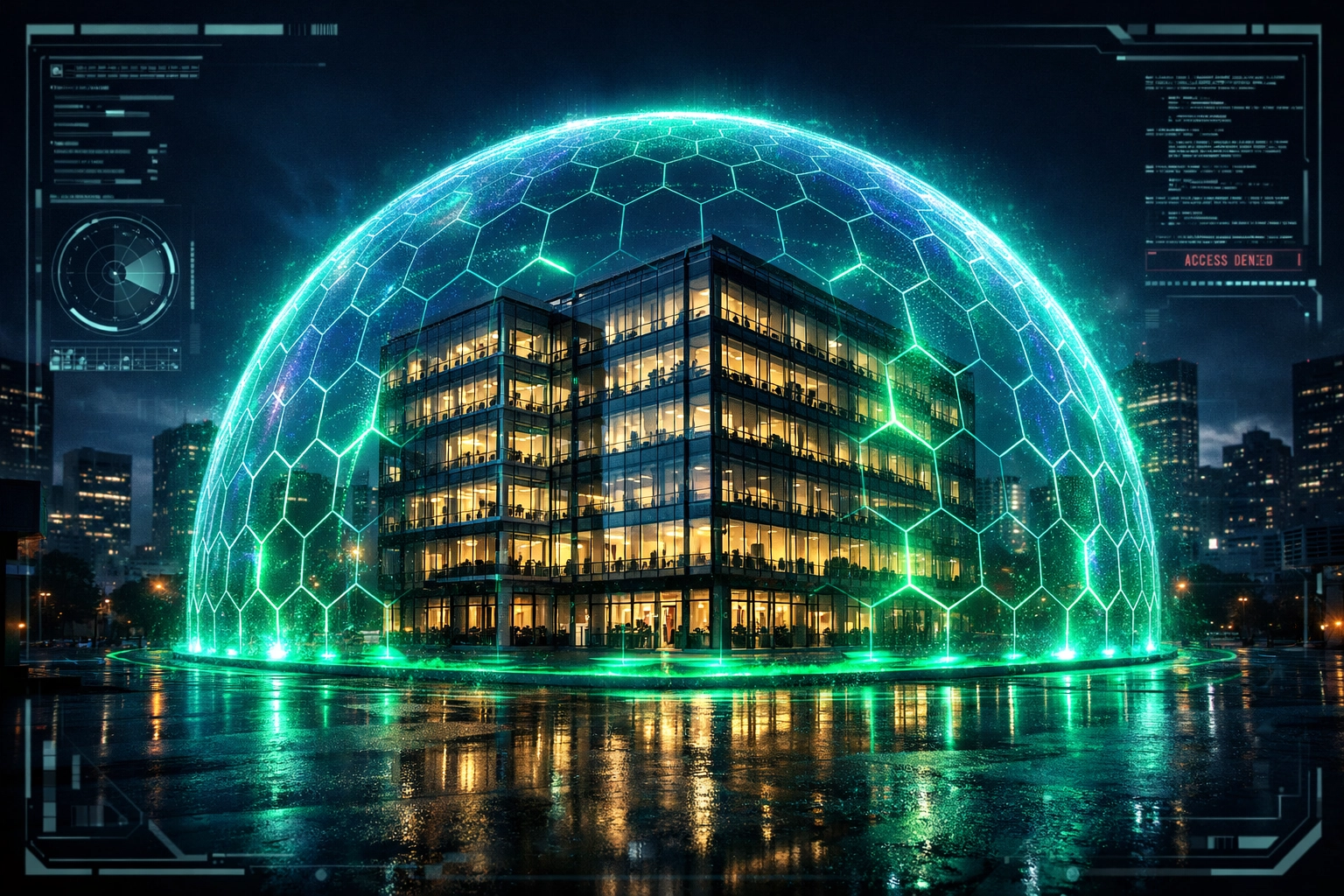 A digital shield protecting an office building illustrating Zero Trust cybersecurity for business.