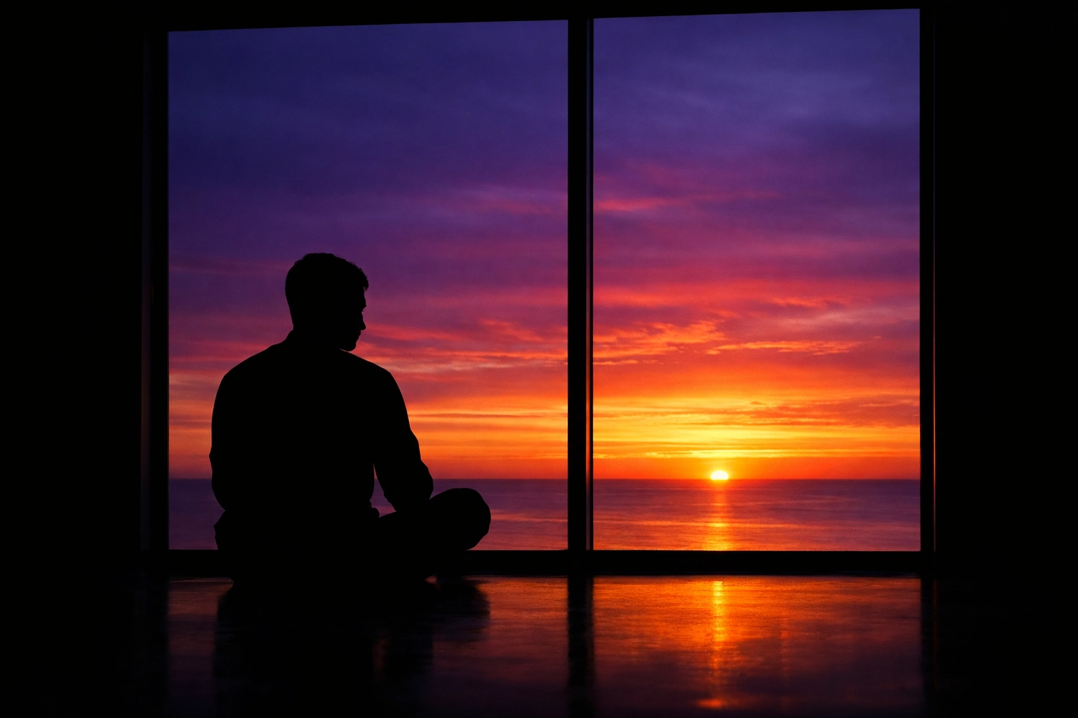 Silhouette of a person in quiet prayer at sunrise seeking the peace of Christ.