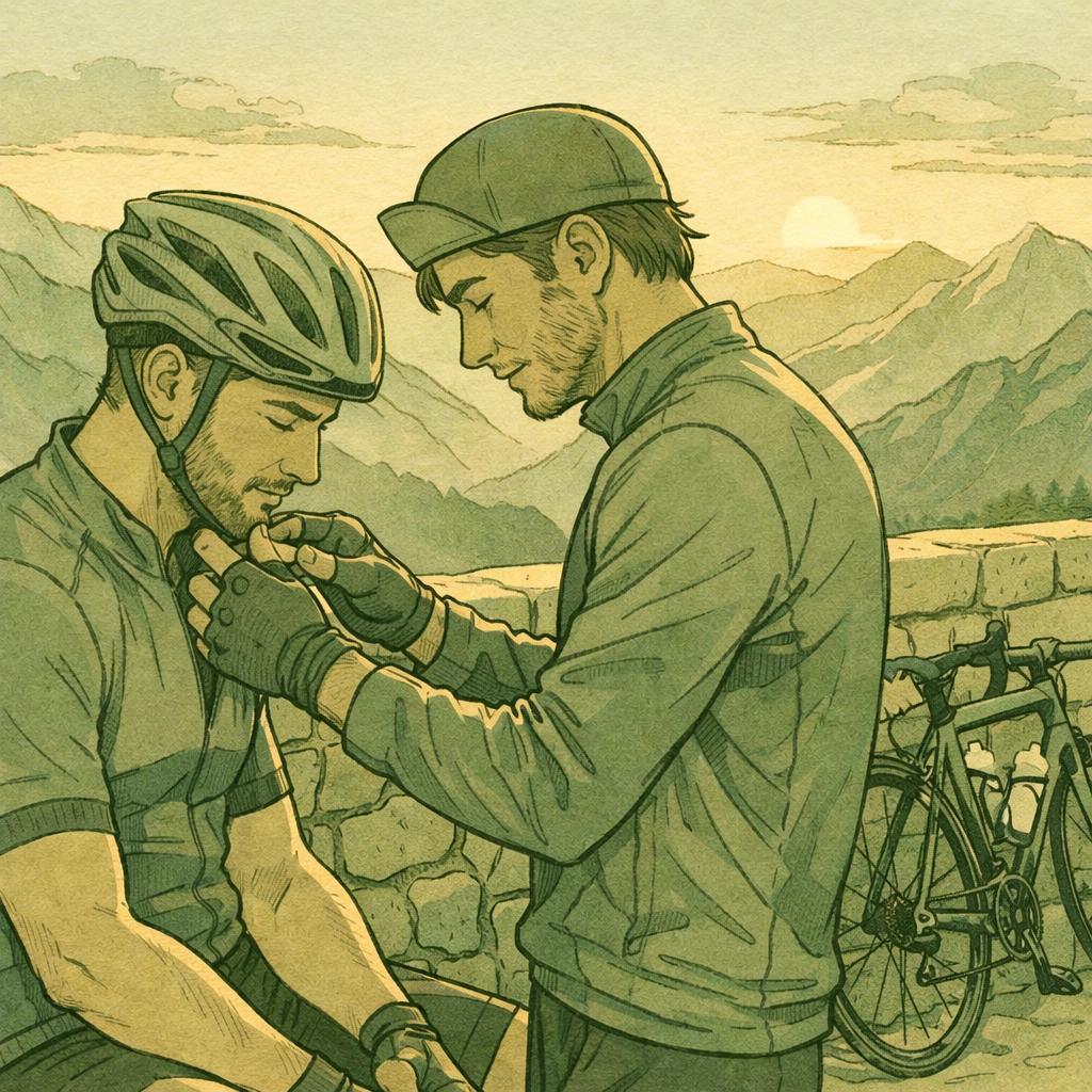 Gay athletes sharing intimate moment on mountain training ride, MM cycling romance