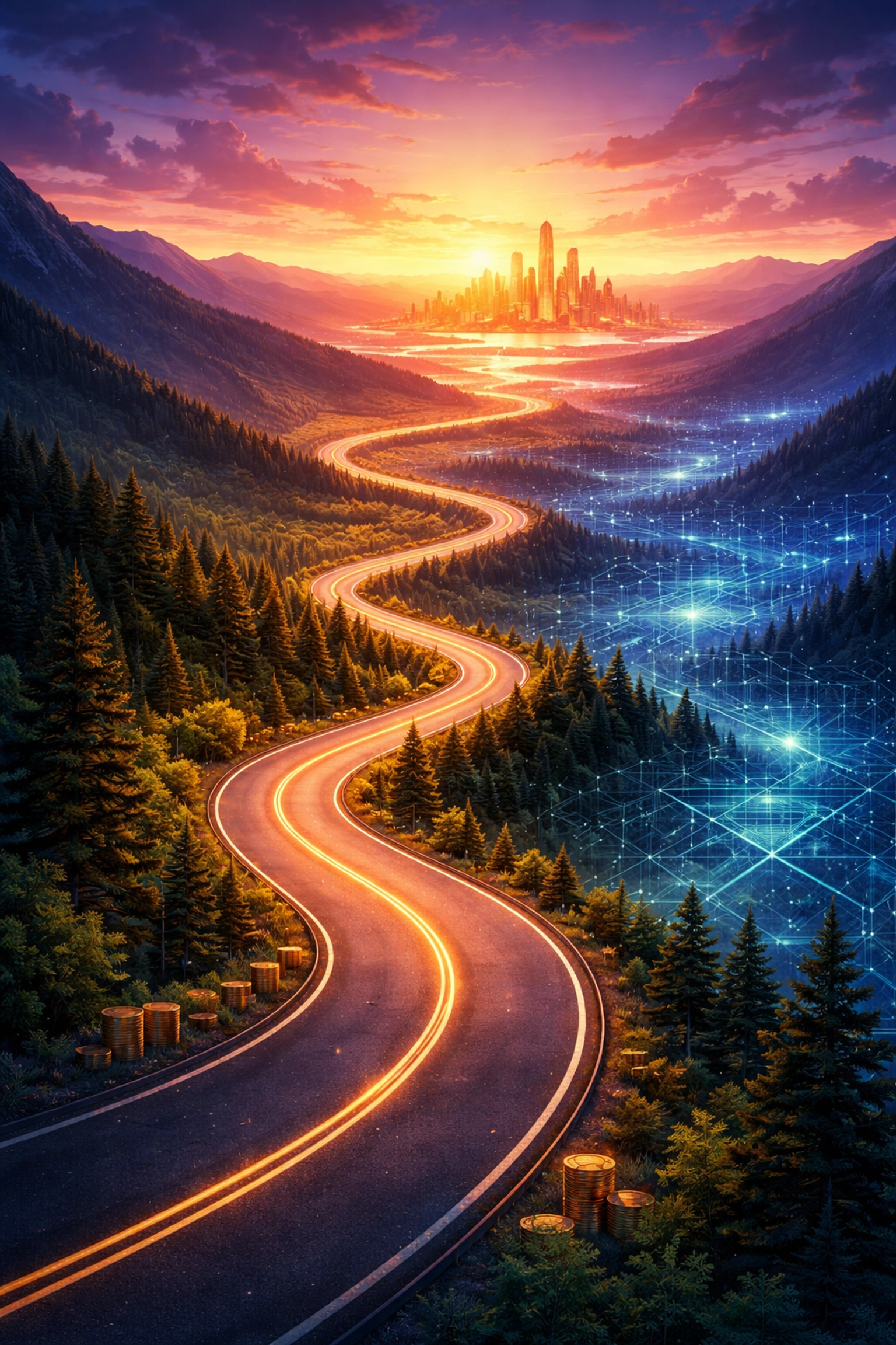 A winding road toward a glowing city at sunset, representing long-term investment journeys and integrating Bitcoin for growth.