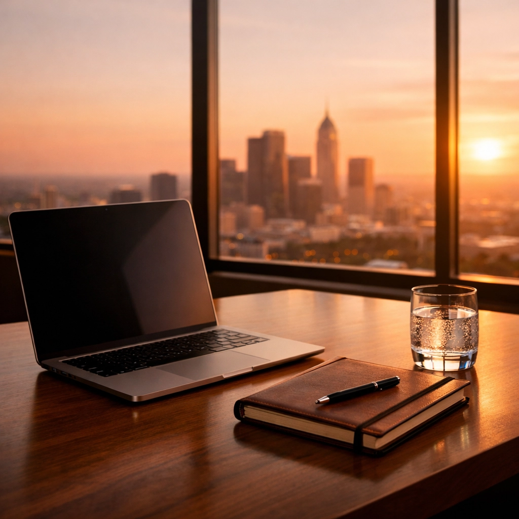 Clean office desk at sunset representing a business owner finishing a Friday reset with financial peace of mind.