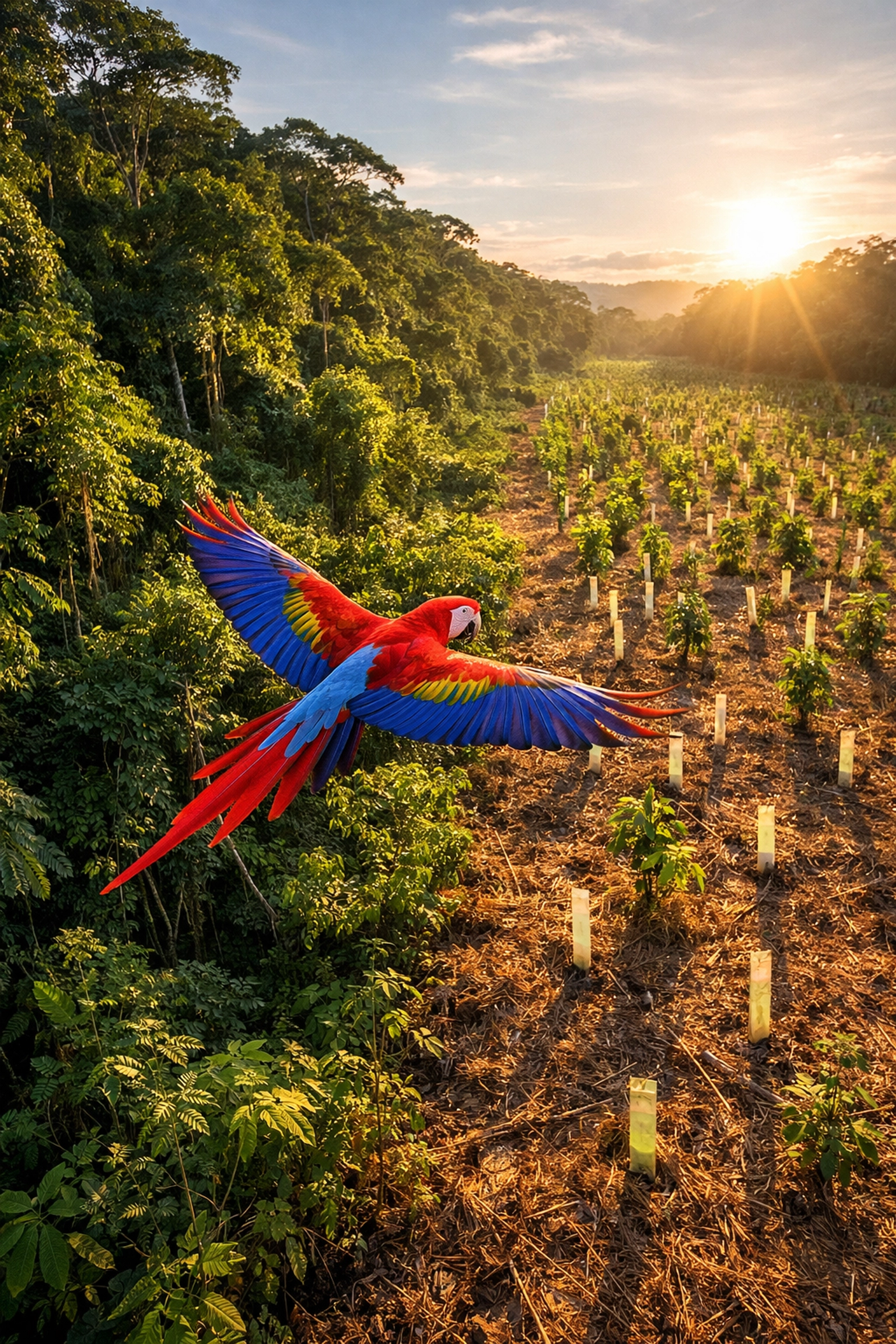 A scarlet macaw flying over a thriving wildlife habitat restoration project in the rainforest.