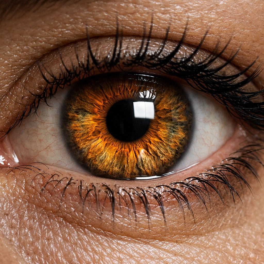 Macro portrait photography detail showing sharp focus on the eye and iris with a crisp catchlight.