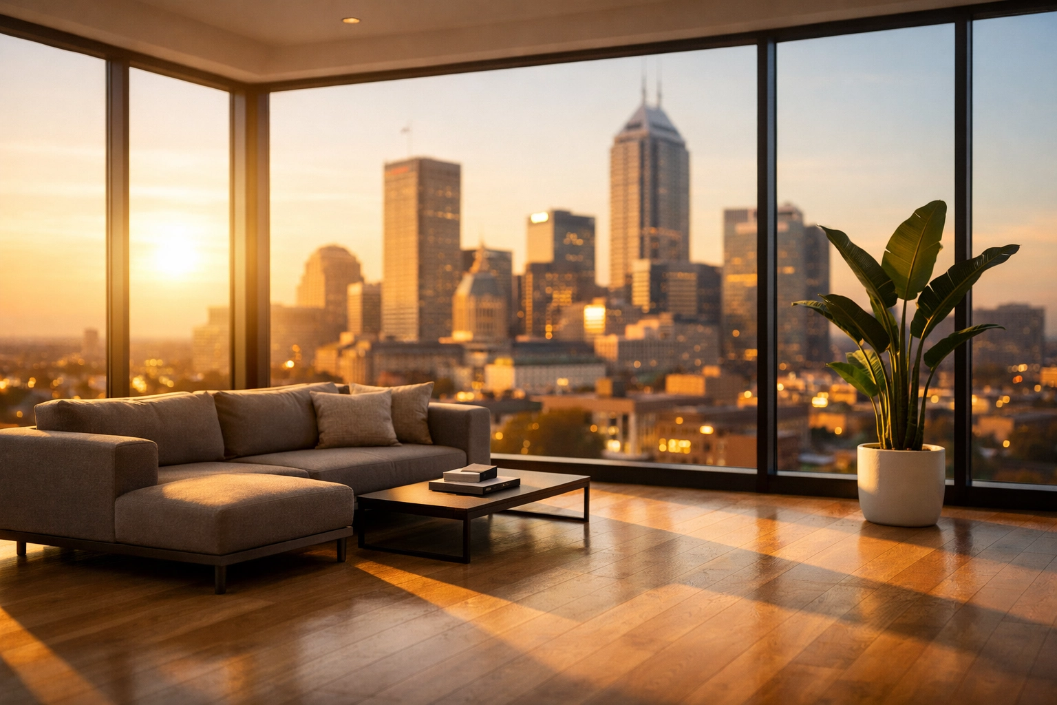 Modern Indianapolis penthouse interior with skyline views, professionally cleaned for multi-unit turnover.