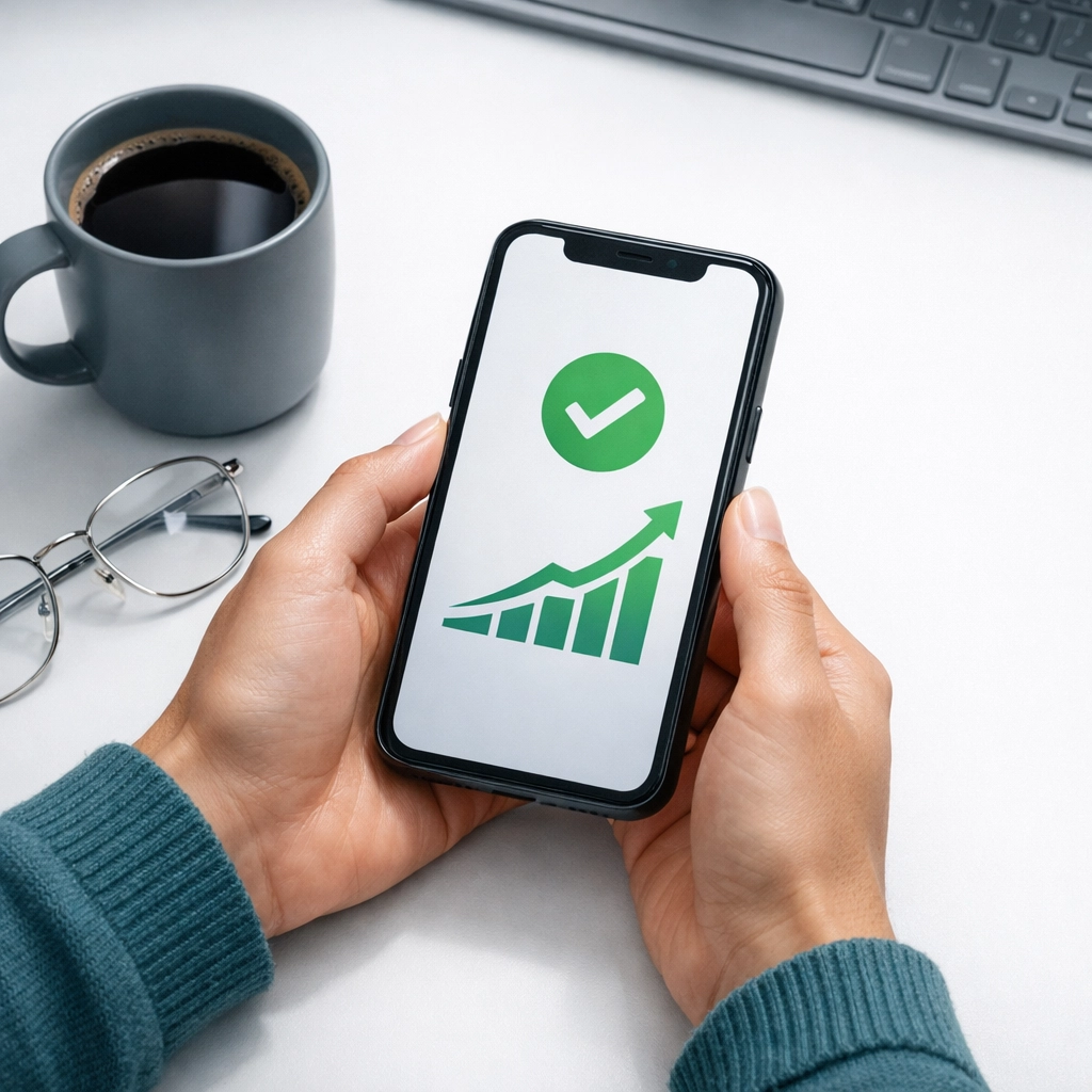 Close-up of a person receiving a same day loan approval on their mobile phone at a tidy desk.