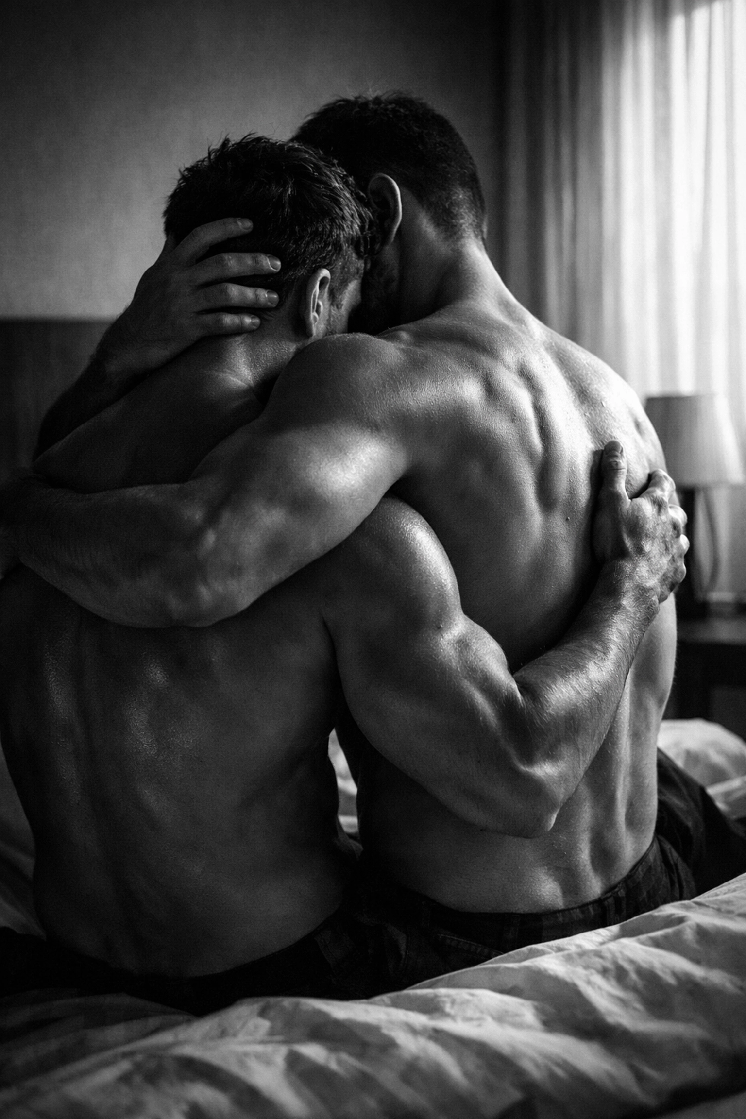 Artistic black and white photo of two gay men in an intimate embrace, highlighting muscular definition.