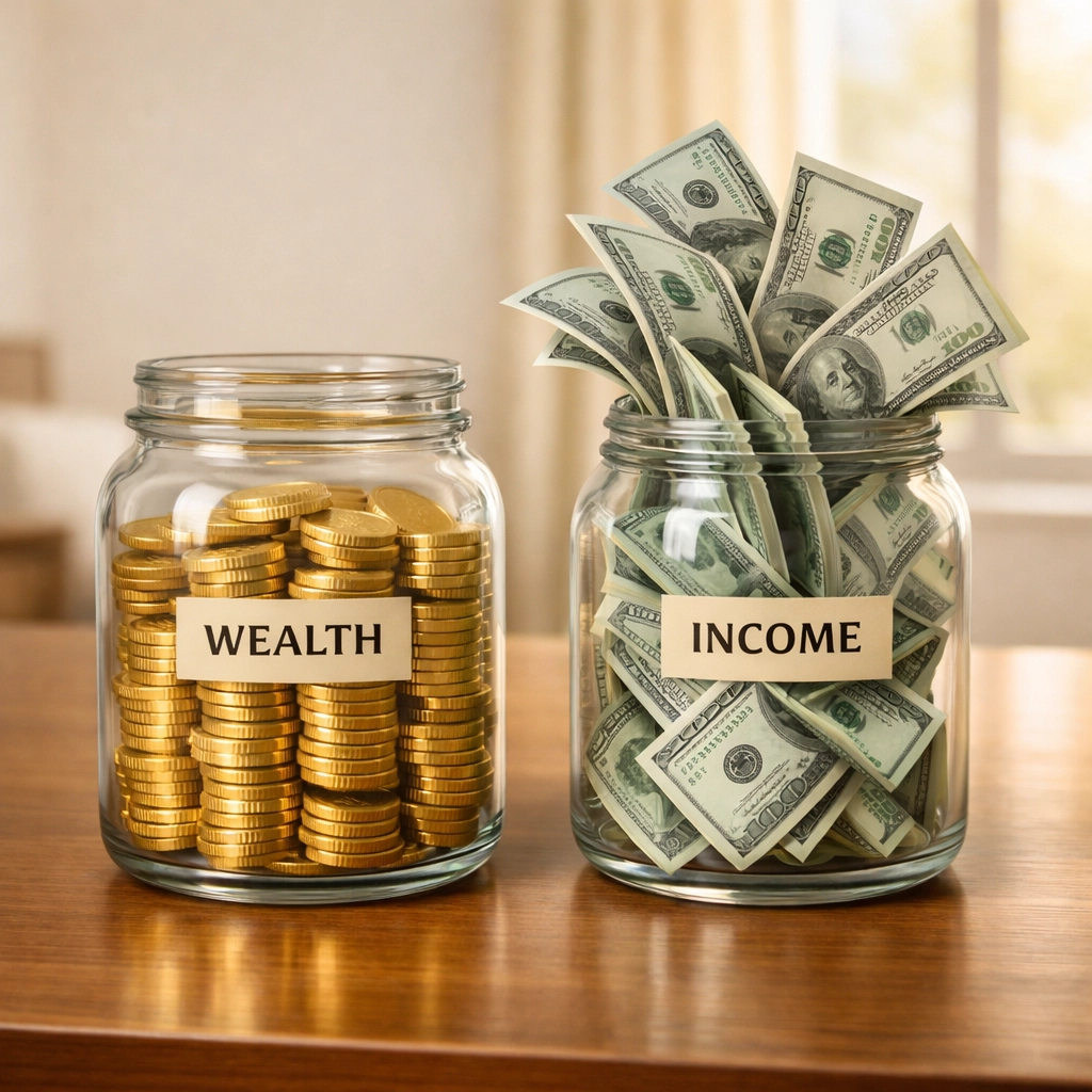 Retirement wealth versus retirement income comparison showing accumulated assets and cash flow