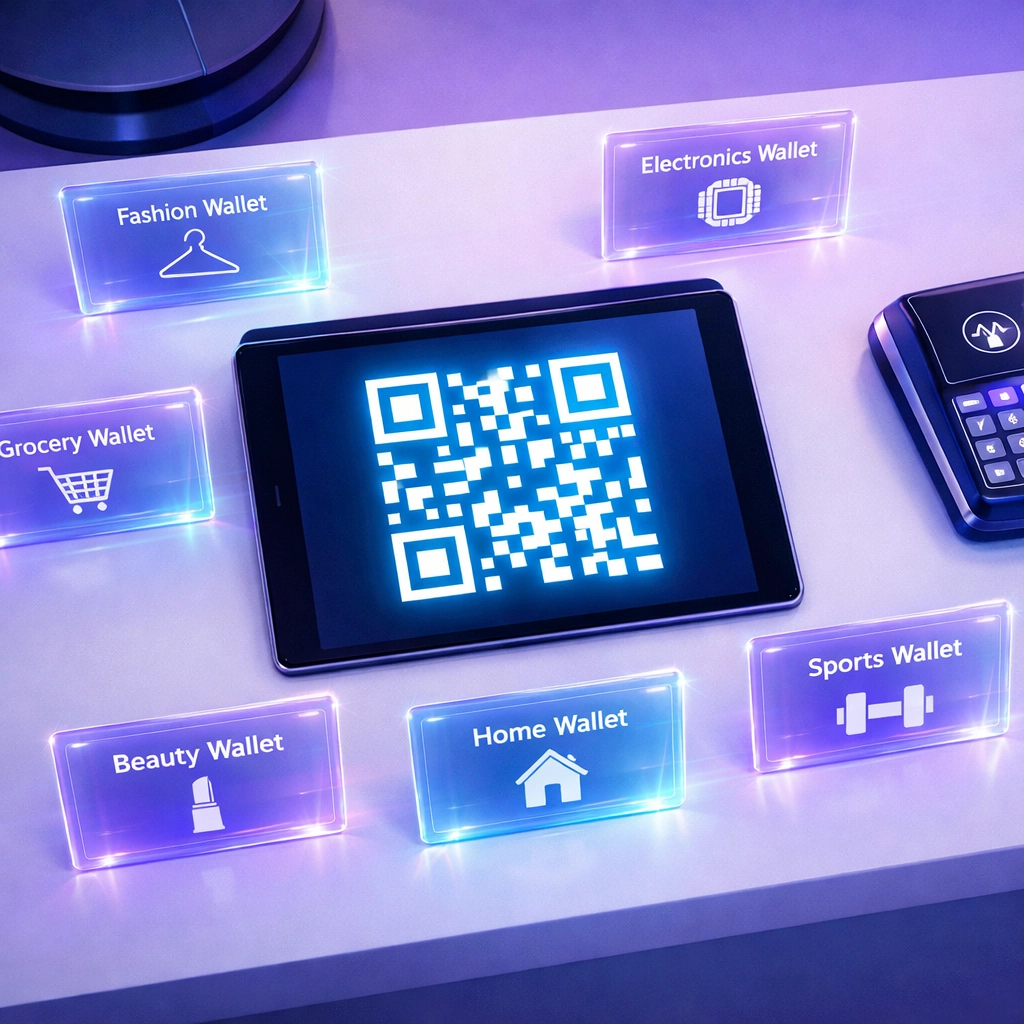 Crypto POS system with QR code and master sub-wallet architecture for merchants