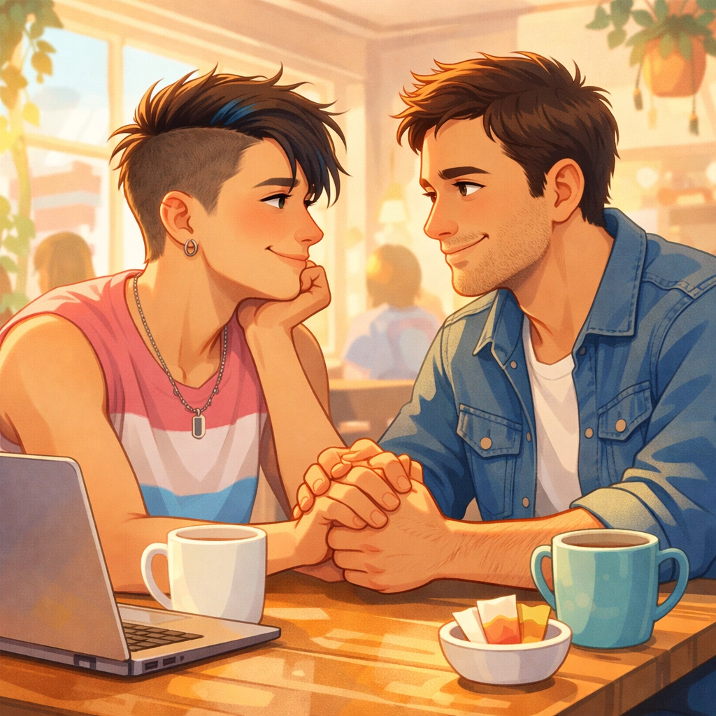 A joyful trans man and his boyfriend holding hands in a cafe, showcasing MM contemporary romance.