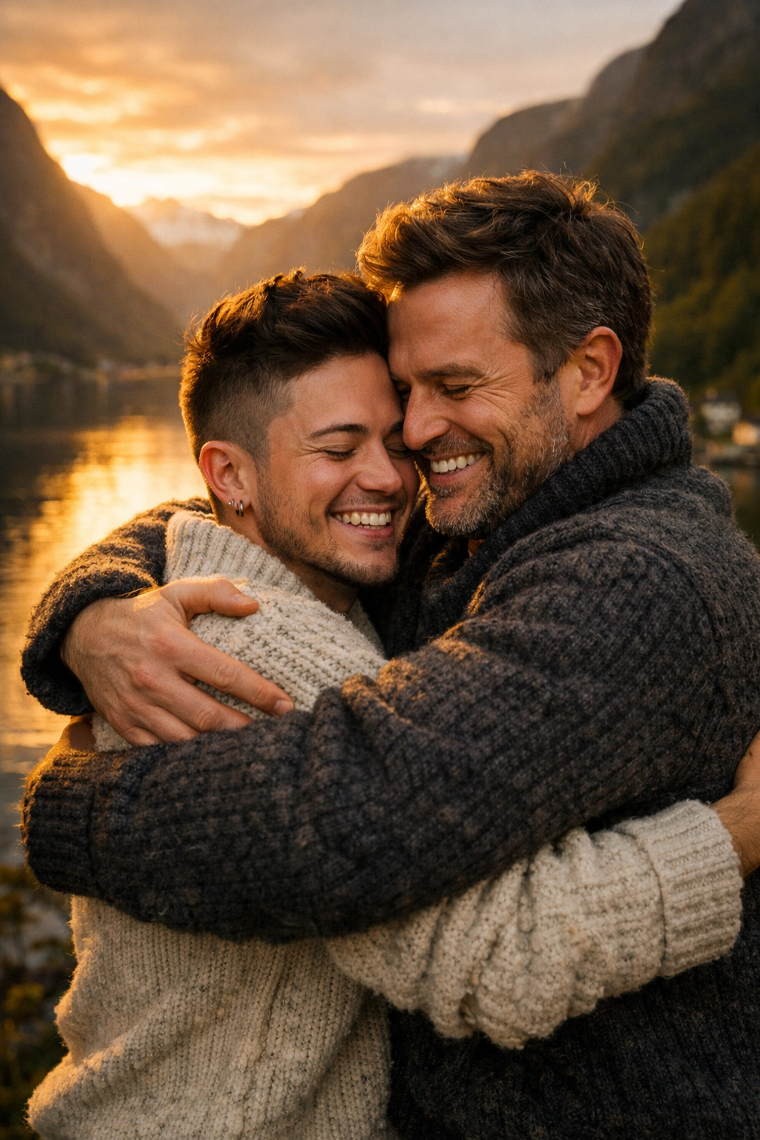 A gay couple embracing by a Norwegian fjord, reflecting the freedom of trans rights in Scandinavia.