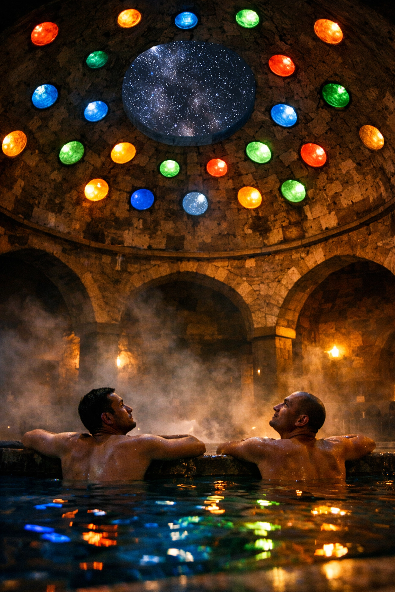 Two men relaxing in Rudas Baths historic Ottoman dome pool, Budapest