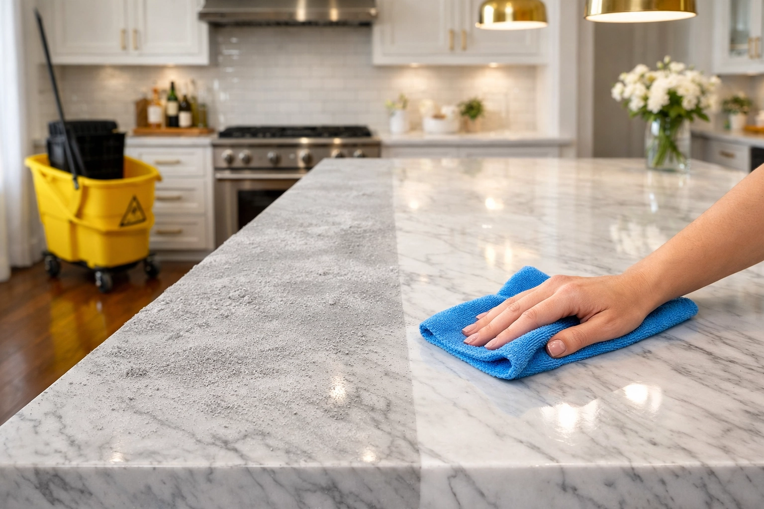 Professional post construction cleaning in Hudson showing a dusty marble kitchen island being wiped clean.