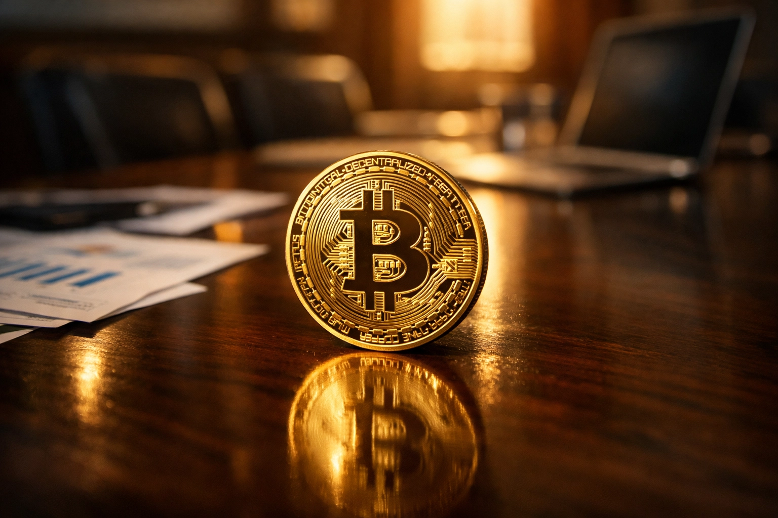 Bitcoin coin in institutional boardroom setting representing digital asset integration in portfolios