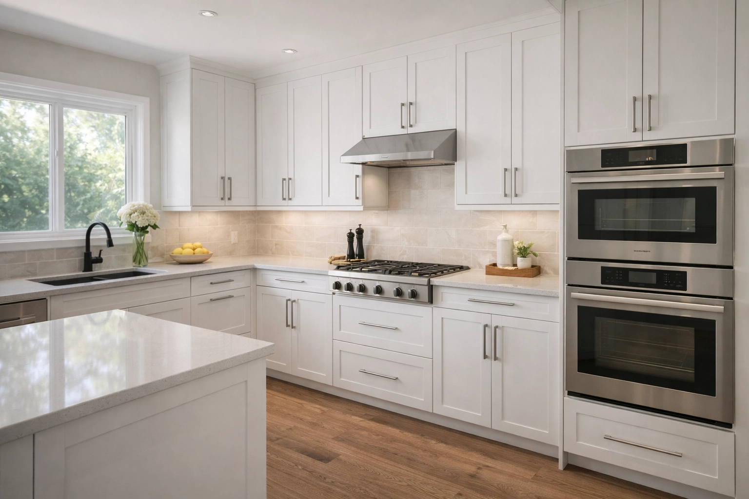 Kitchen renovation Red Deer showing cabinet refresh and quartz countertop installation in progress