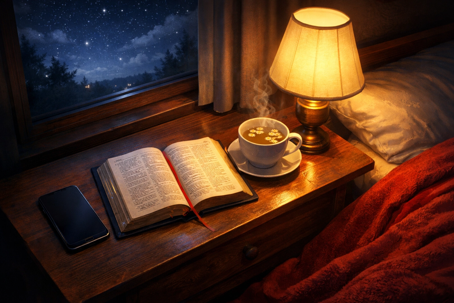 Peaceful bedroom nightstand with phone face-down, open Bible, and tea for bedtime peace reset
