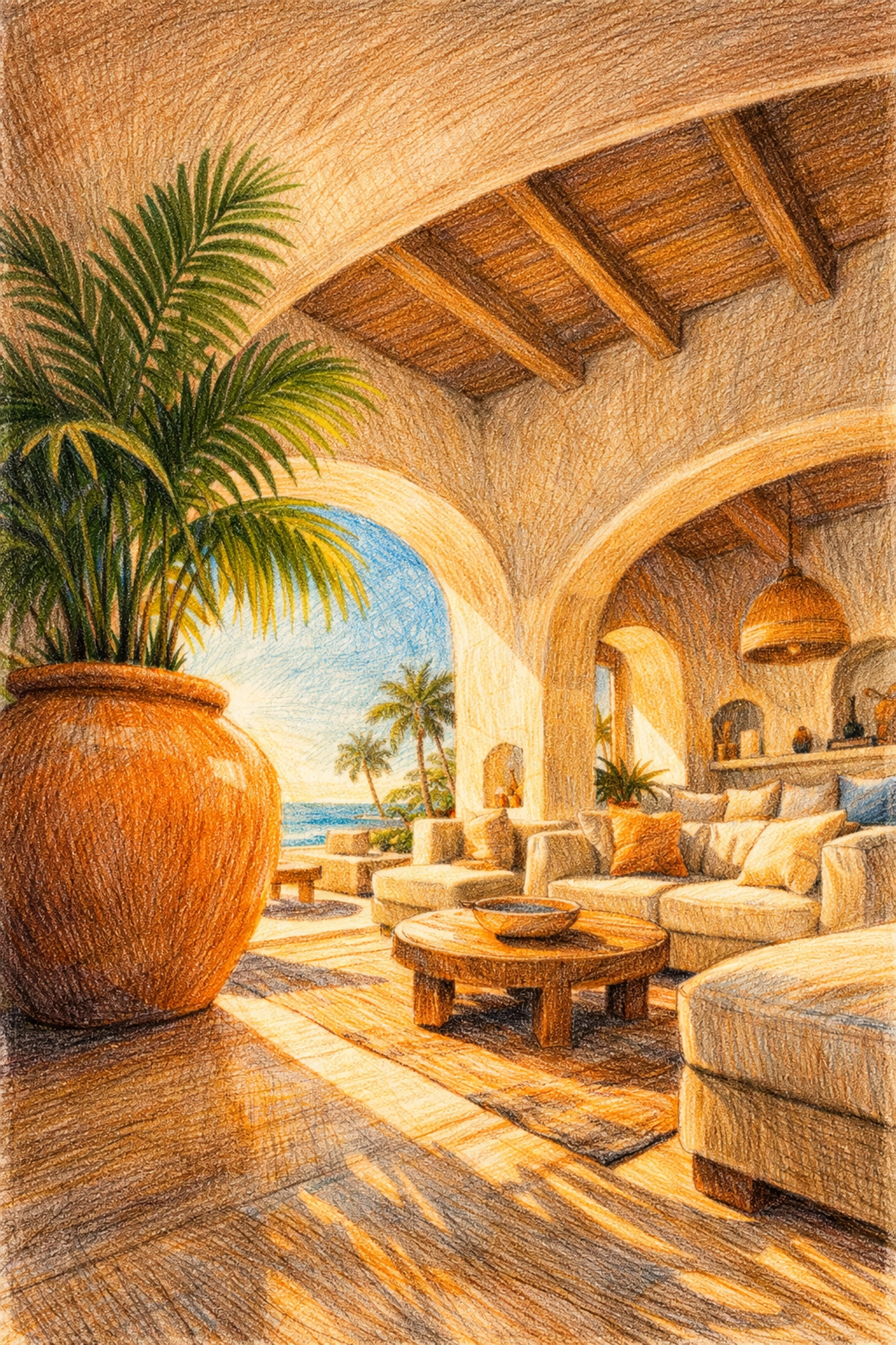 Coastal-inspired boutique hotel lounge featuring organic plaster forms and luxury hospitality furniture.