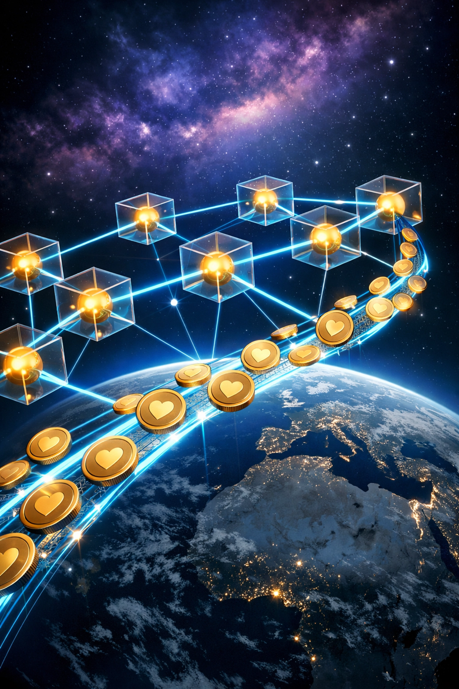 Blockchain network with charitable donation flows connecting global humanitarian organizations