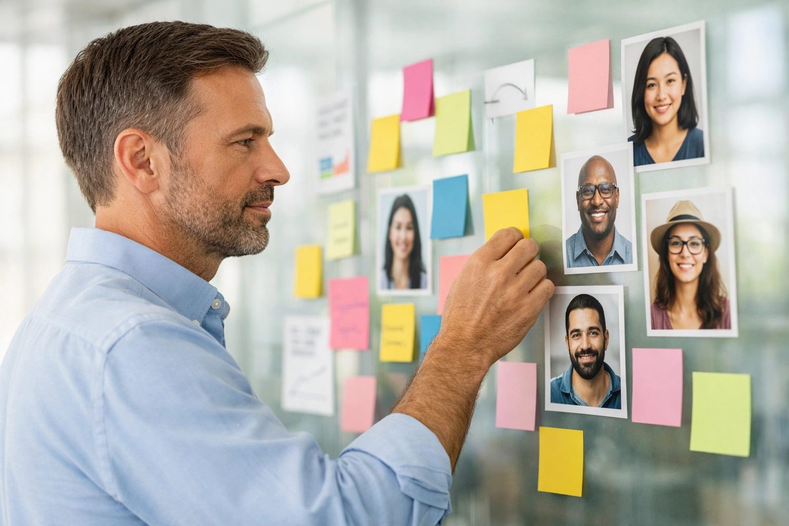 A marketing strategist analyzing customer personas and sticky notes to improve audience targeting.