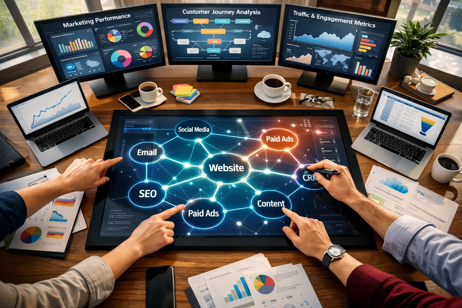 Marketing team analyzing unified dashboards and integrated campaign performance data