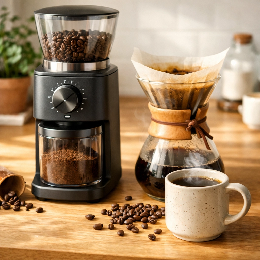 Home coffee brewing setup with professional grinder and pour-over equipment on kitchen counter