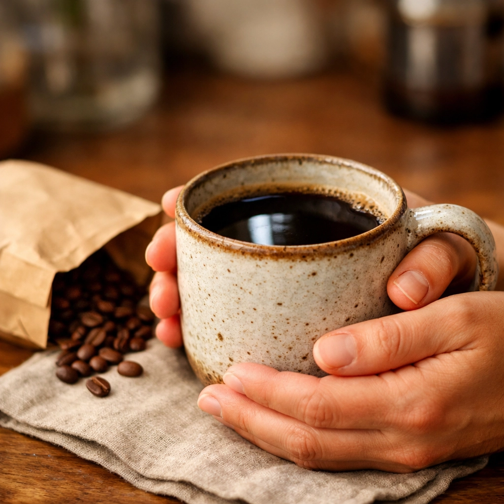 Hands holding a ceramic mug of freshly brewed speciality coffee next to a bag of roasted coffee beans.
