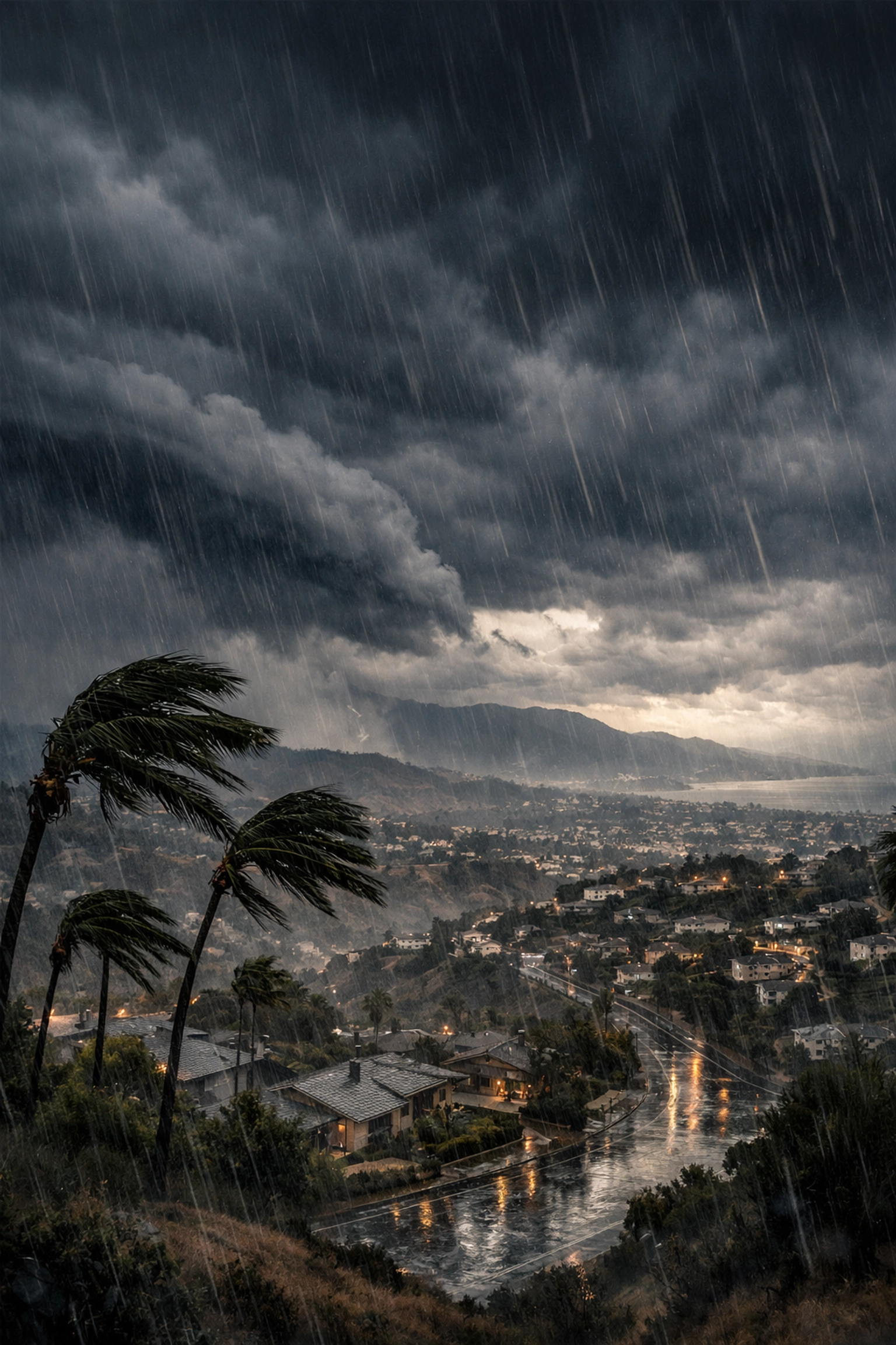 Storm clouds gathering over Southern California hills and neighborhoods with palm trees