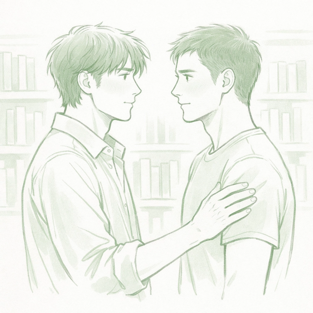 MM romance couple sharing first emotional connection in literary bookstore setting