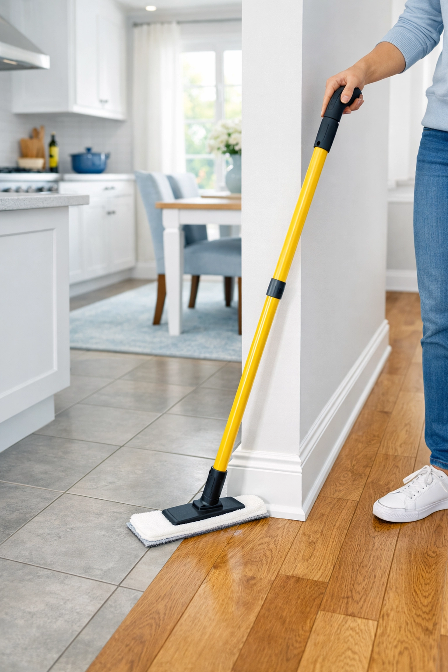 Standing upright to clean floor baseboards with a long-handled tool in a sun-drenched home.