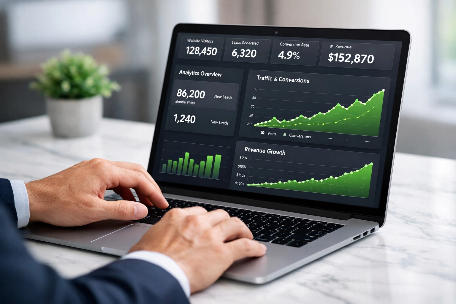 Close-up of a digital marketing performance dashboard showing growth metrics and ROI data.