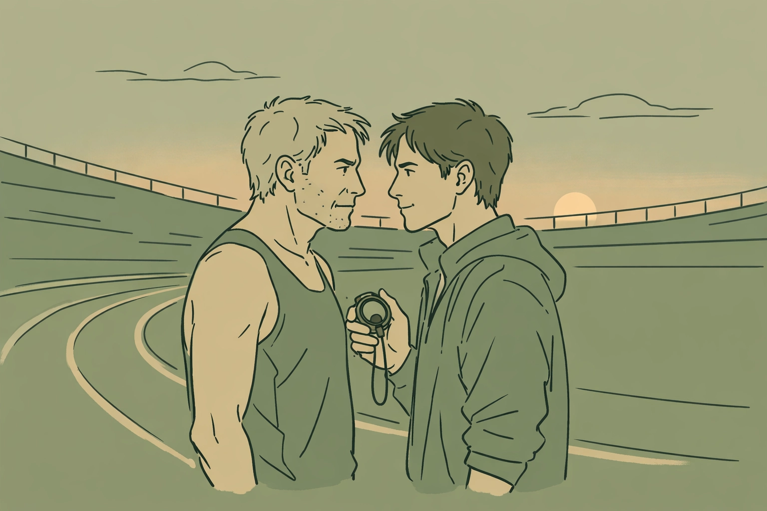 Male athlete and partner sharing a romantic moment at a stadium track at dusk.