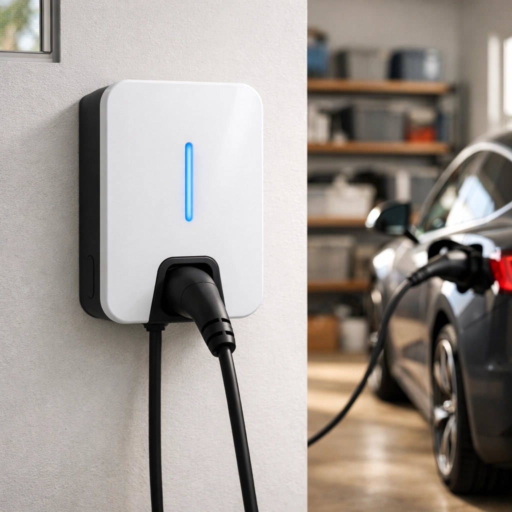 Moderne Wallbox lädt Elektroauto in Garage – OCPP-fähig für Förderung 2026 in Wien