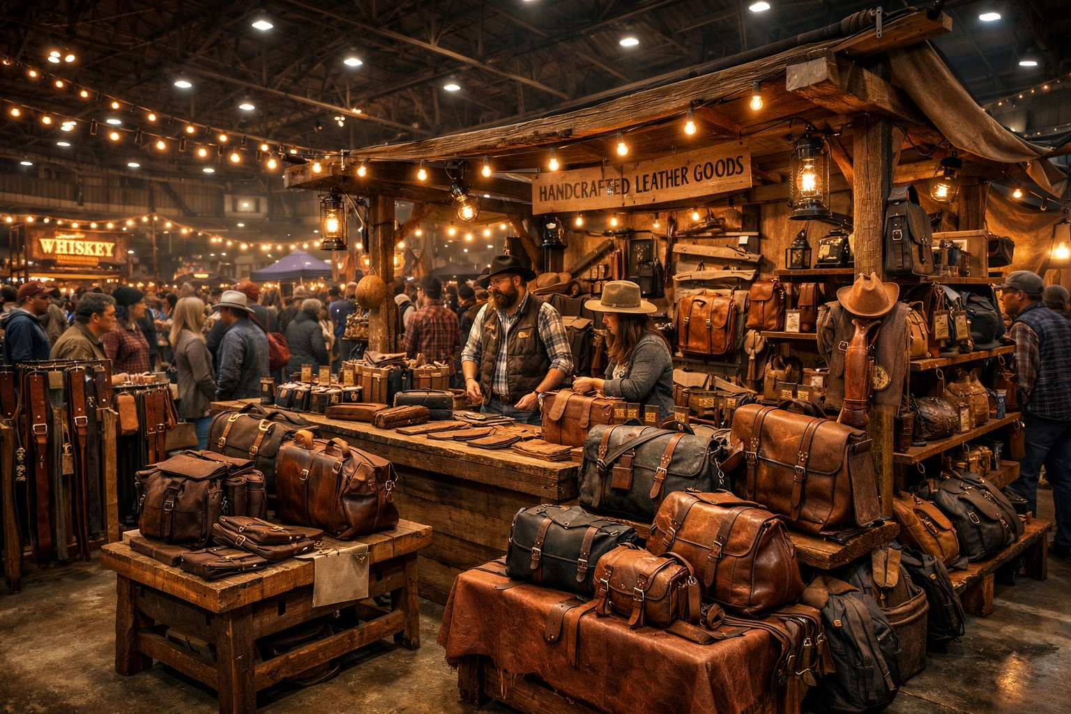 Crowded vendor marketplace at the Team Whiskey Bonanza event featuring outdoor gear and whiskey fans.