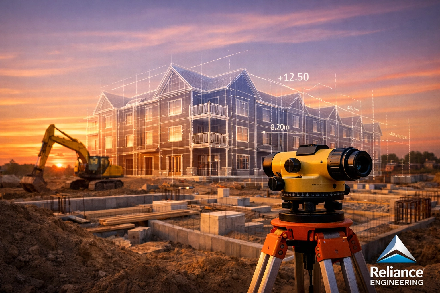 Construction site in Ontario with surveying equipment ready for building after site plan approval.