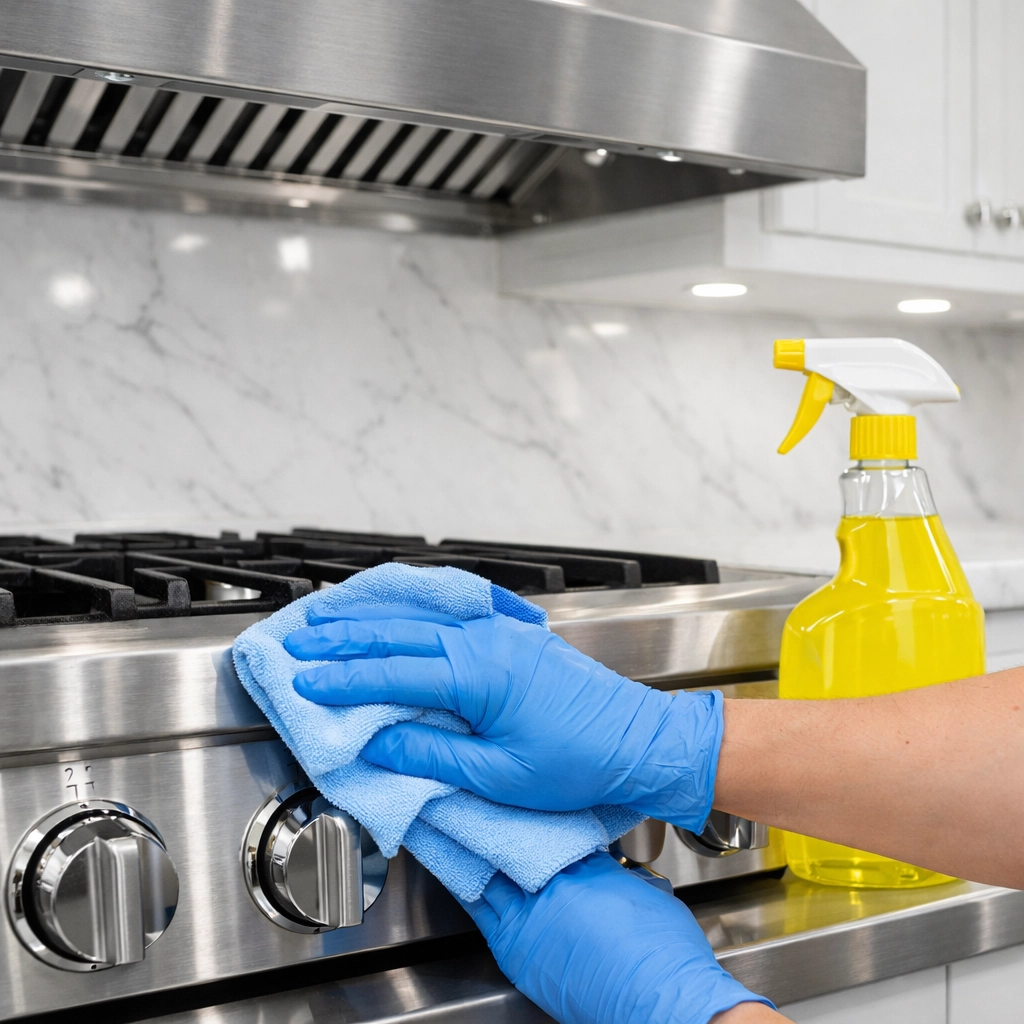 Cleaning a stainless steel kitchen stovetop as part of a professional deep cleaning service in Leominster.