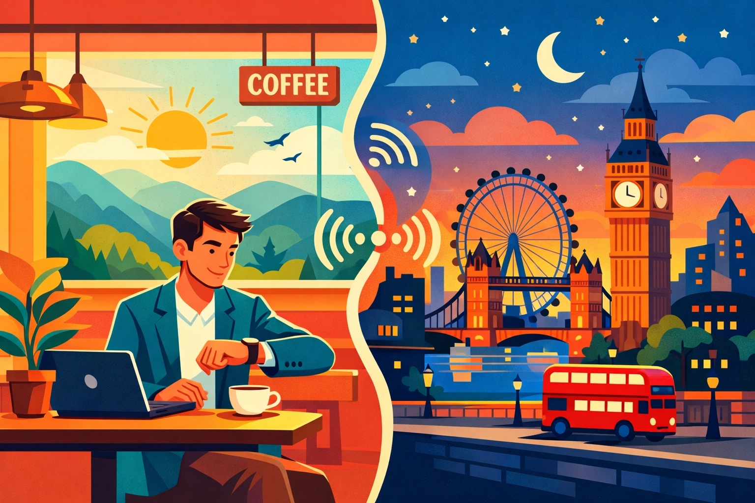Comparison of current local time in Asheville versus major international cities like London.