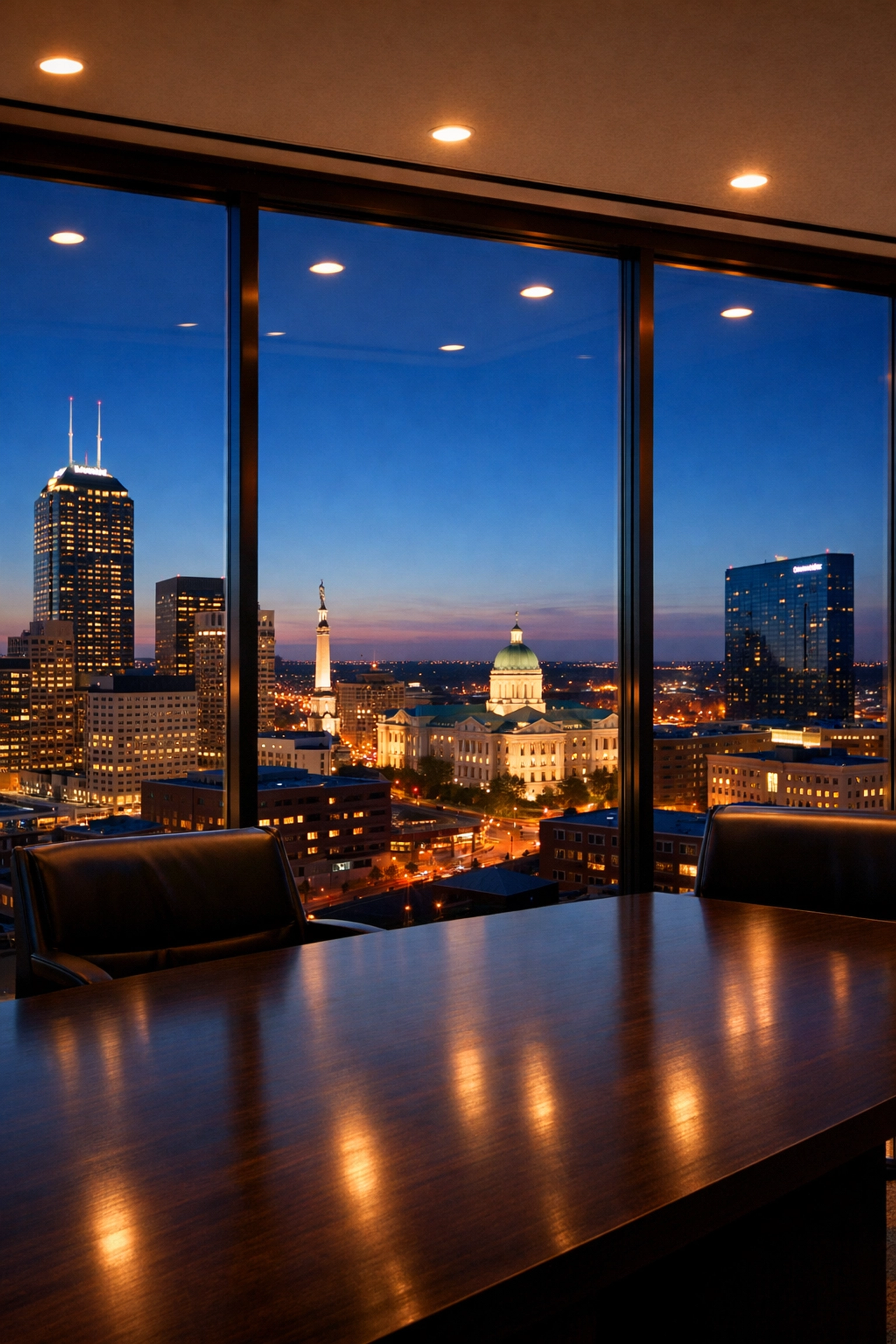Pristine Indianapolis executive office suite with clean windows overlooking the metropolitan skyline at dusk.