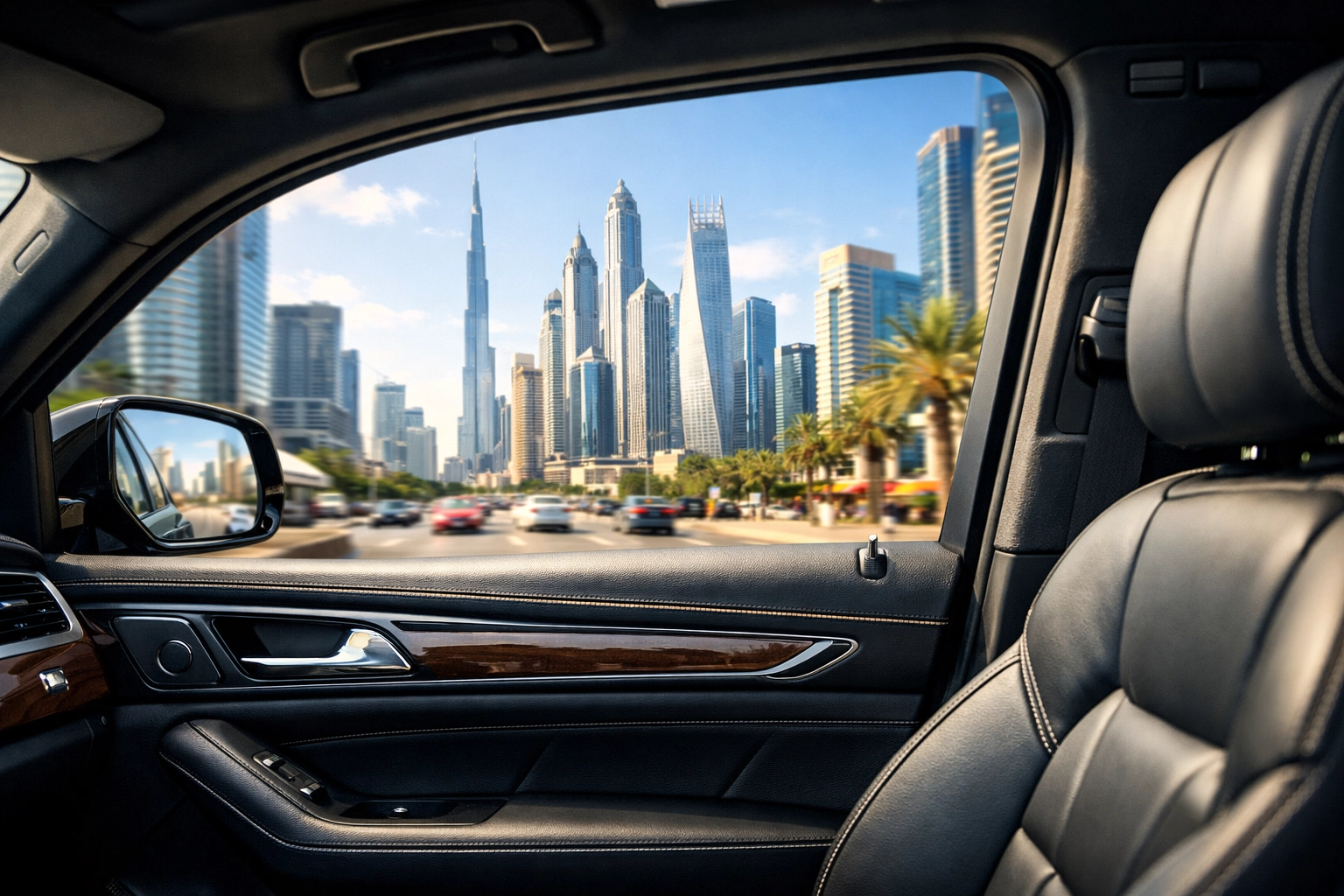 Luxury SUV interior with a city view, showcasing premium executive travel and VIP transport services.