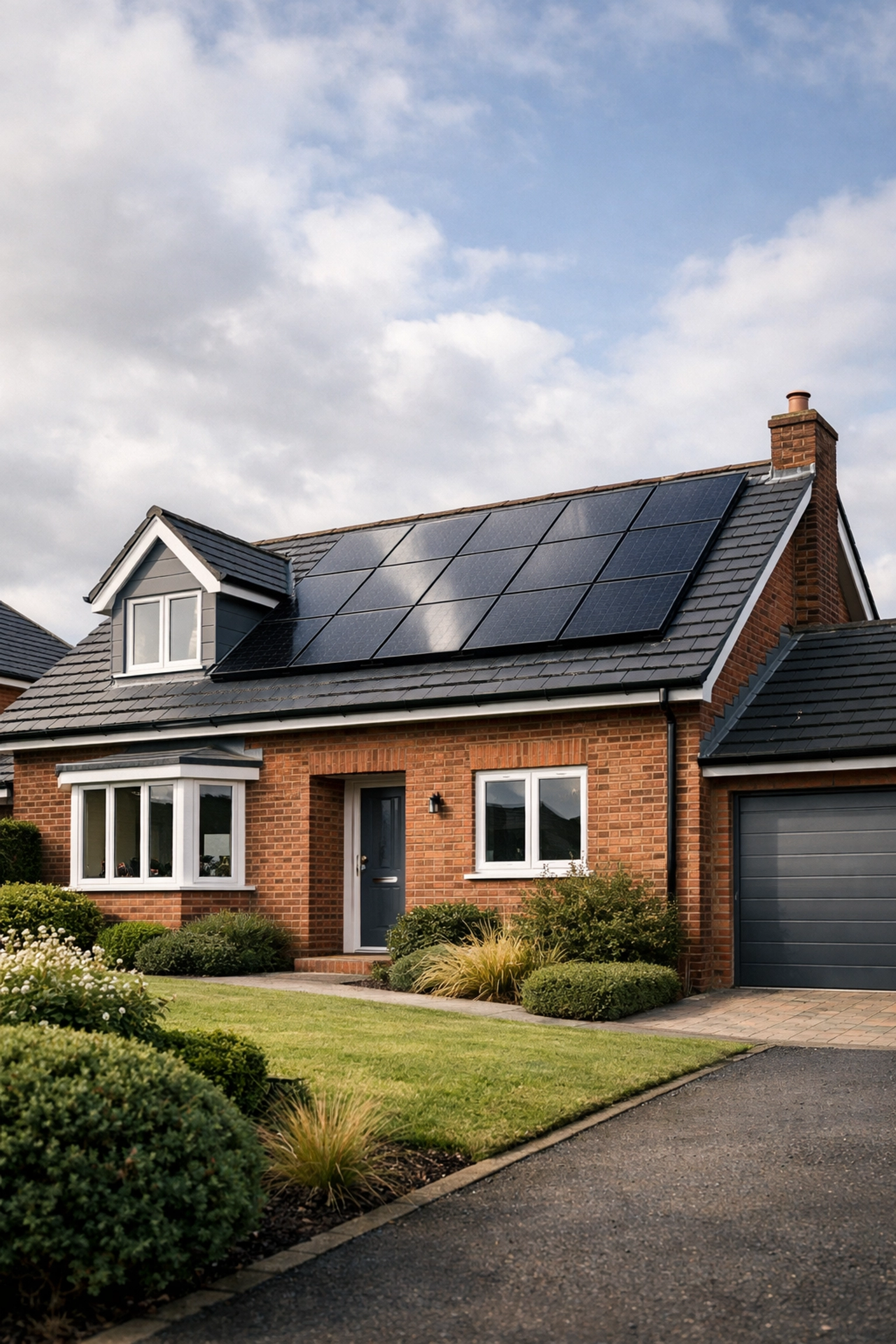 Modern Fareham home with black solar panels installed on south-facing roof