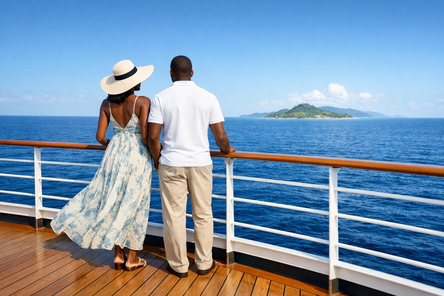 A couple taking in ocean views on a luxury deck, curated by a Lifestyle Cruises travel agent.