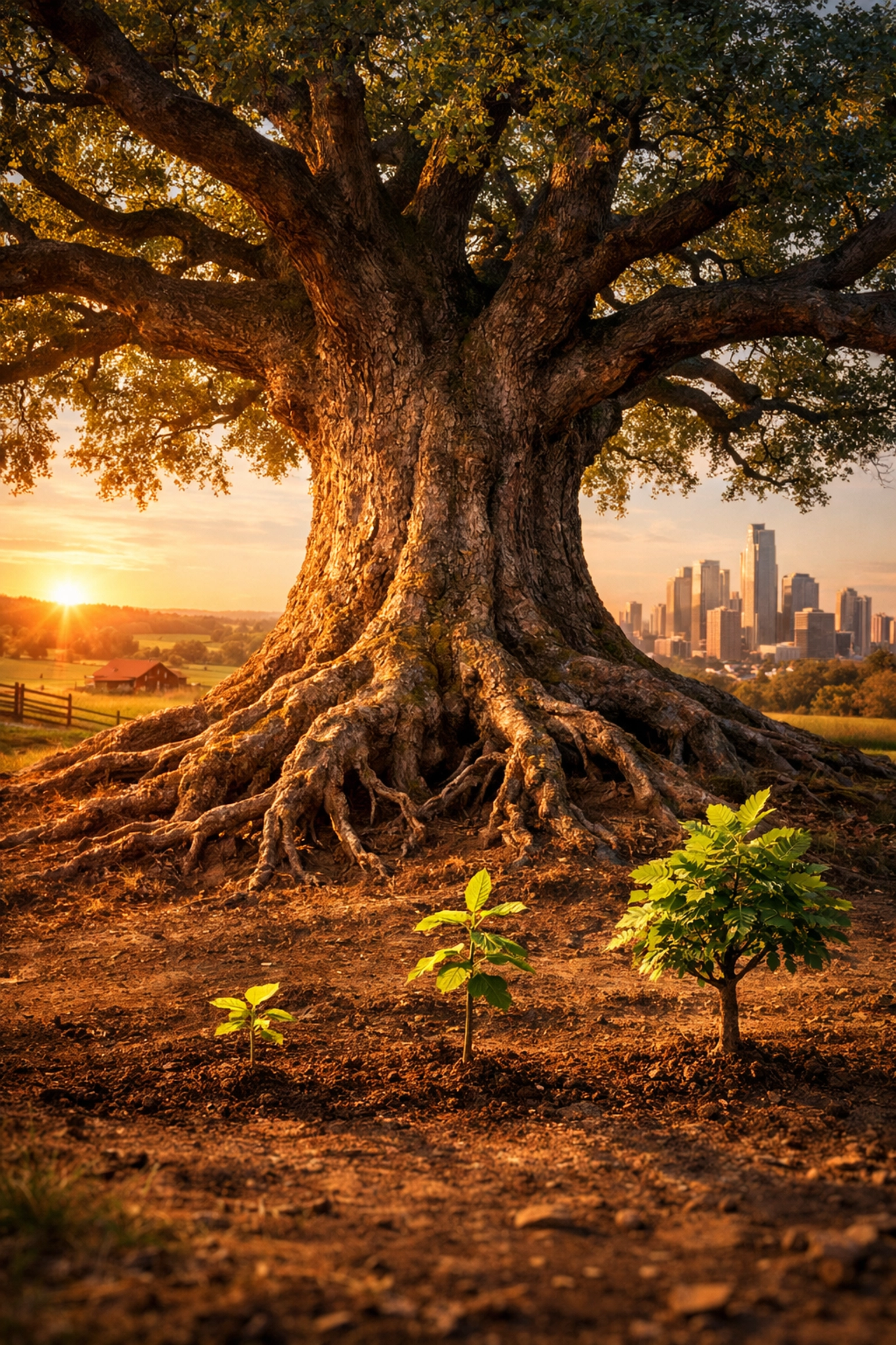 Strong oak tree with deep roots symbolizing multi-generational wealth and estate planning