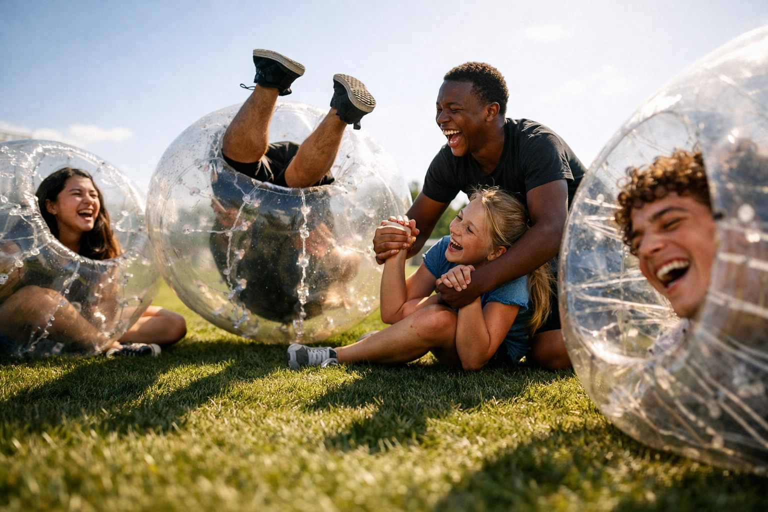 Teens bonding and laughing during bubble soccer event in Omaha