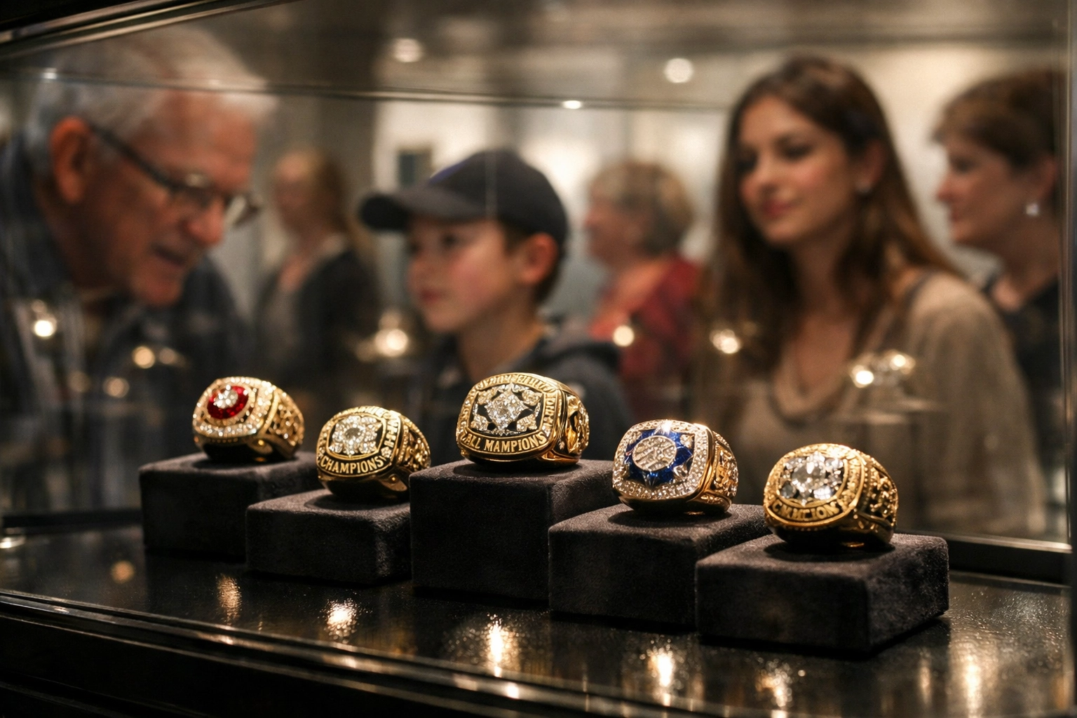 Super Bowl championship rings display with fans viewing historic memorabilia collection